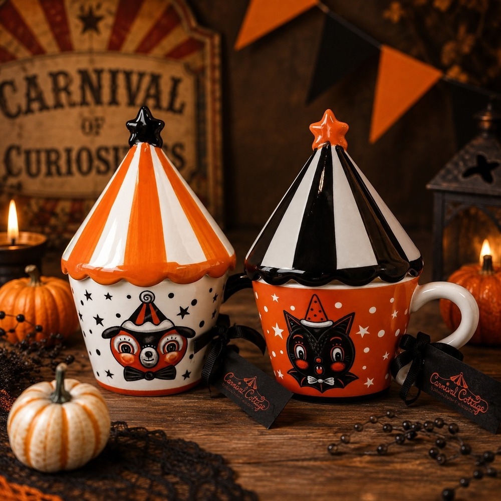 Johanna Parker Carnival Cottage Halloween Cat Dog Mug Set Tent Lids Magenta